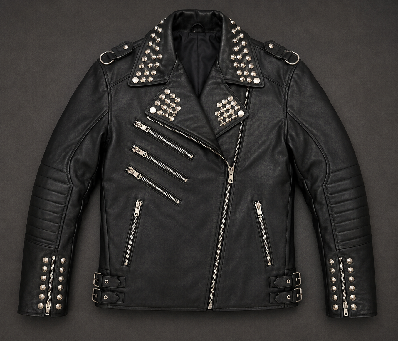 Women’s Black Studded Leather Biker Jacket, Genuine Leather Motorcycle Jacket, Punk Rock Moto Jacket with Silver Studs & Zippers
