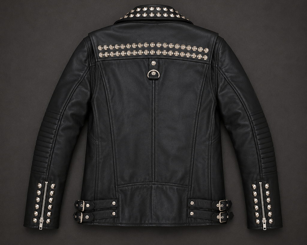 Women’s Black Studded Leather Biker Jacket, Genuine Leather Motorcycle Jacket, Punk Rock Moto Jacket with Silver Studs & Zippers