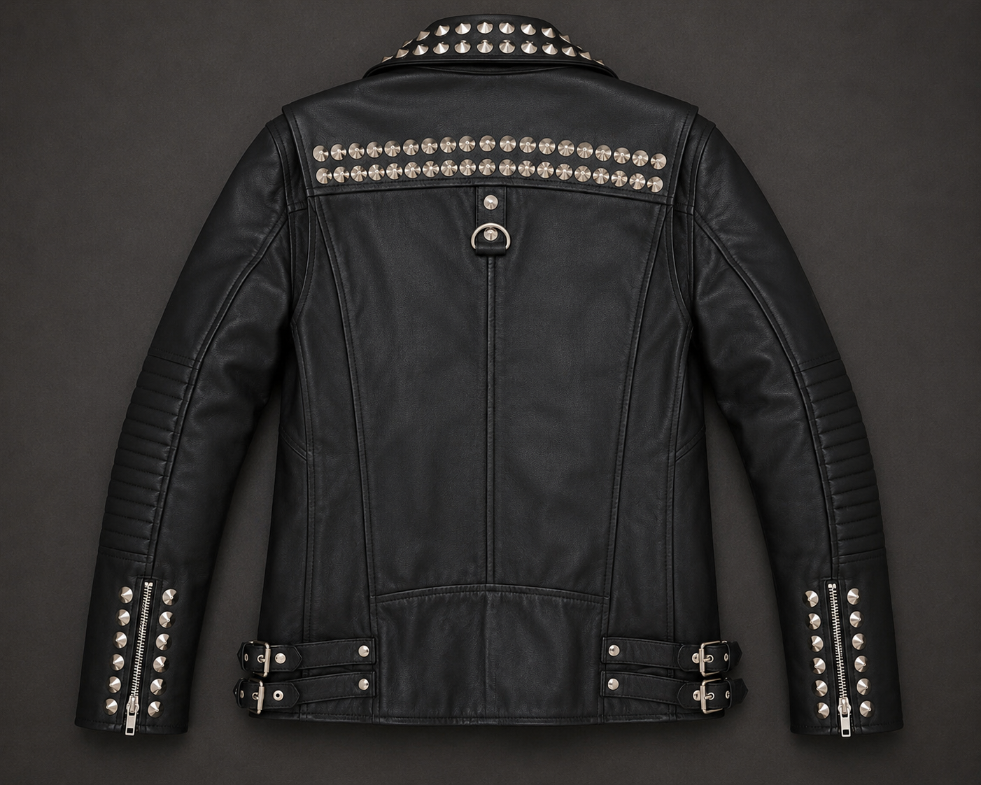 Women’s Black Studded Leather Biker Jacket, Genuine Leather Motorcycle Jacket, Punk Rock Moto Jacket with Silver Studs & Zippers