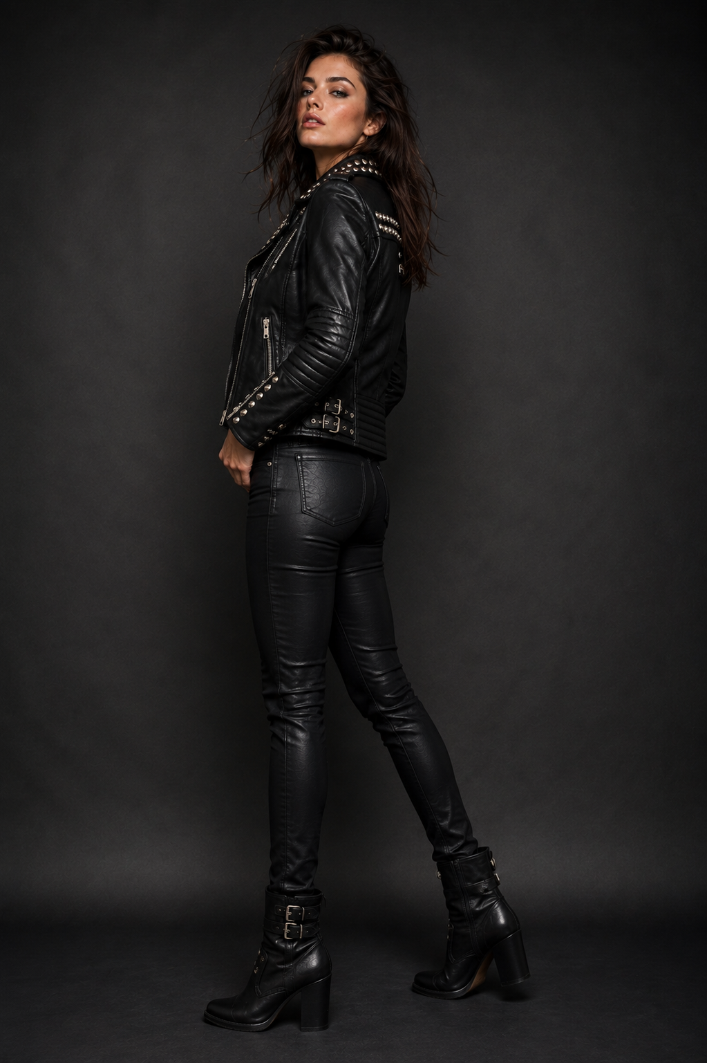Women’s Black Studded Leather Biker Jacket, Genuine Leather Motorcycle Jacket, Punk Rock Moto Jacket with Silver Studs & Zippers