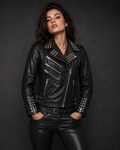 Women’s Black Studded Leather Biker Jacket, Genuine Leather Motorcycle Jacket, Punk Rock Moto Jacket with Silver Studs & Zippers
