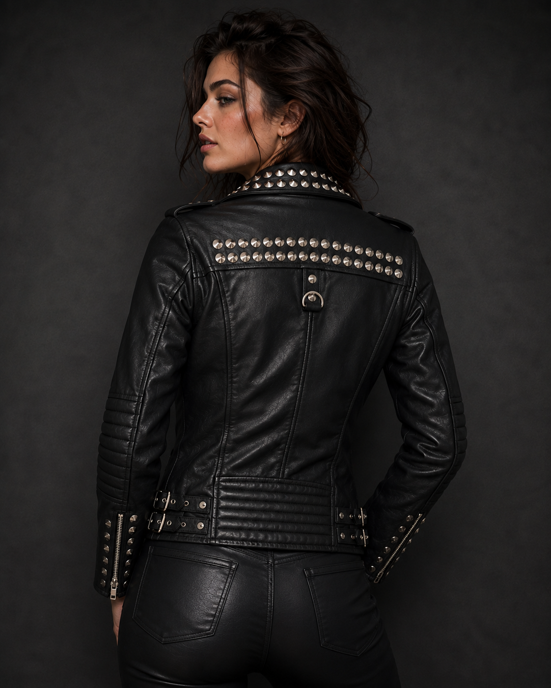 Women’s Black Studded Leather Biker Jacket, Genuine Leather Motorcycle Jacket, Punk Rock Moto Jacket with Silver Studs & Zippers