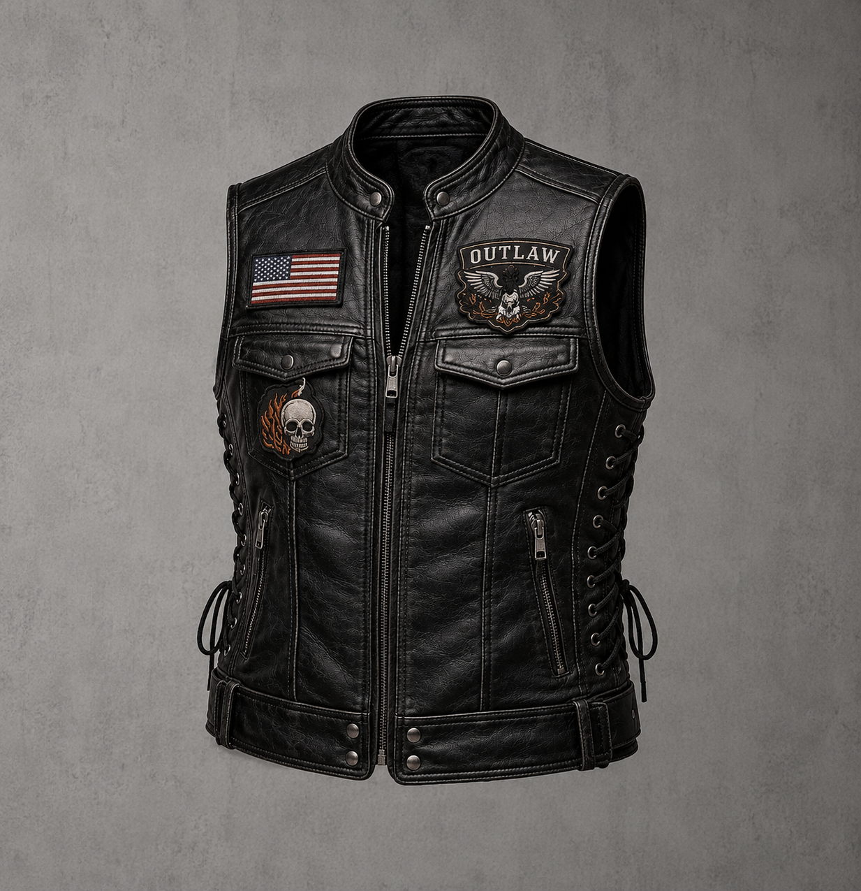 Mens Leather Motorcycle Club Vest Side Lace Up Biker Cut Outlaw