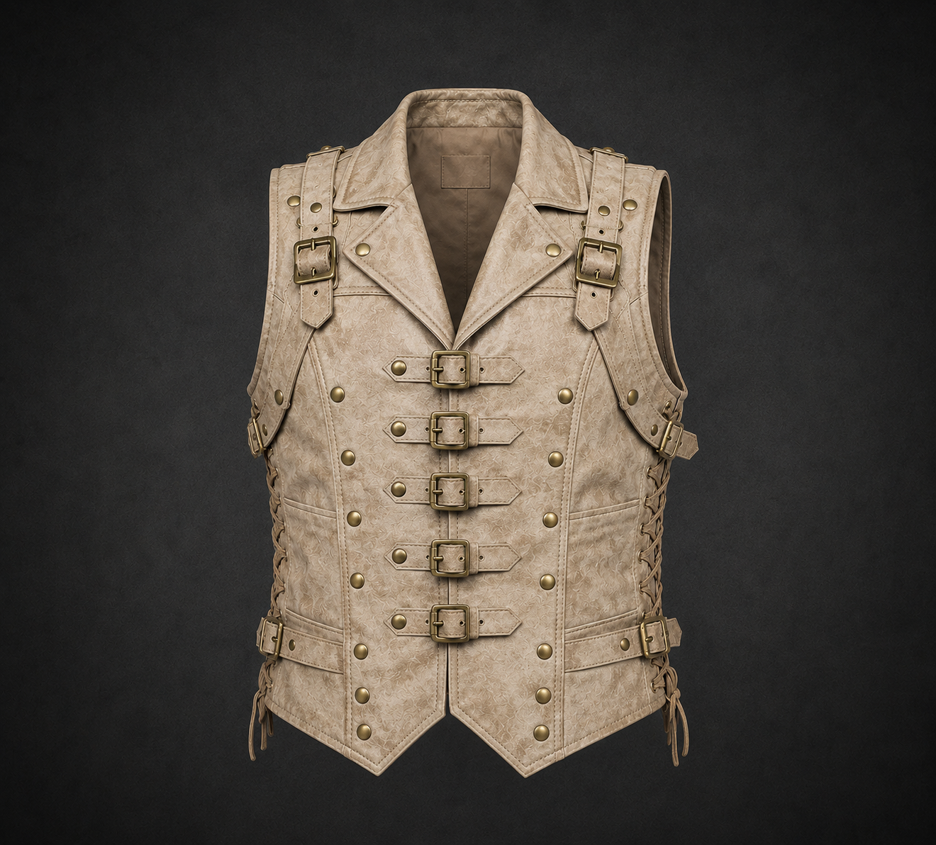 Men's Steampunk Leather Vest - Distressed Beige Genuine Leather Waistcoat - Renaissance Medieval Pirate Buckle